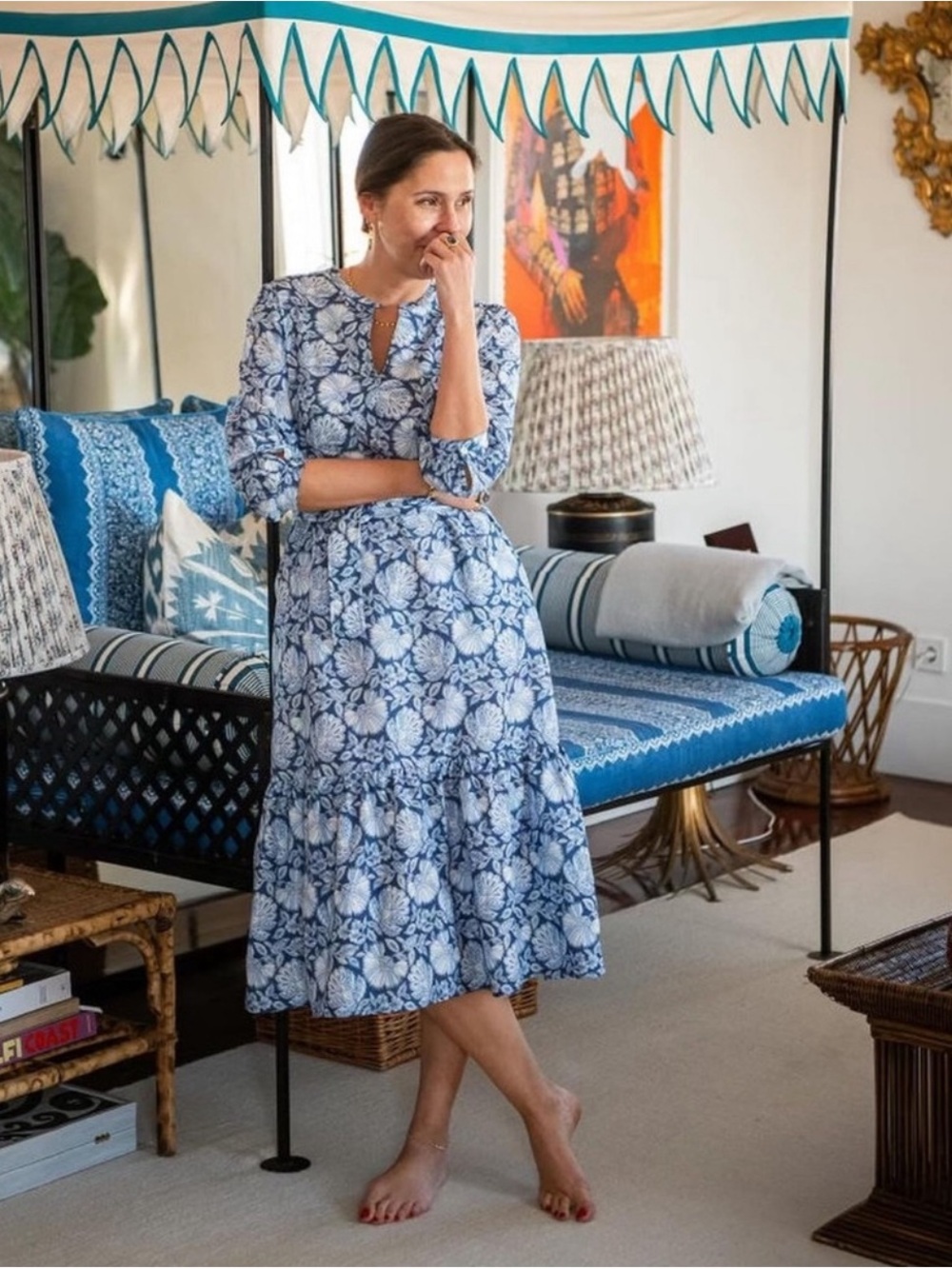 NWT J.McLaughlin Silk Cotton Floral Round Split V-Neck 3/4 Bishop Sleeve Dress - Picture 2 of 12